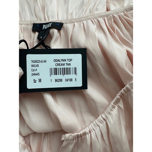 Paige Odalynn Top Cream Tan Blouse Long Sleeve Peplum Smocked Waist M - Picture 3 of 7